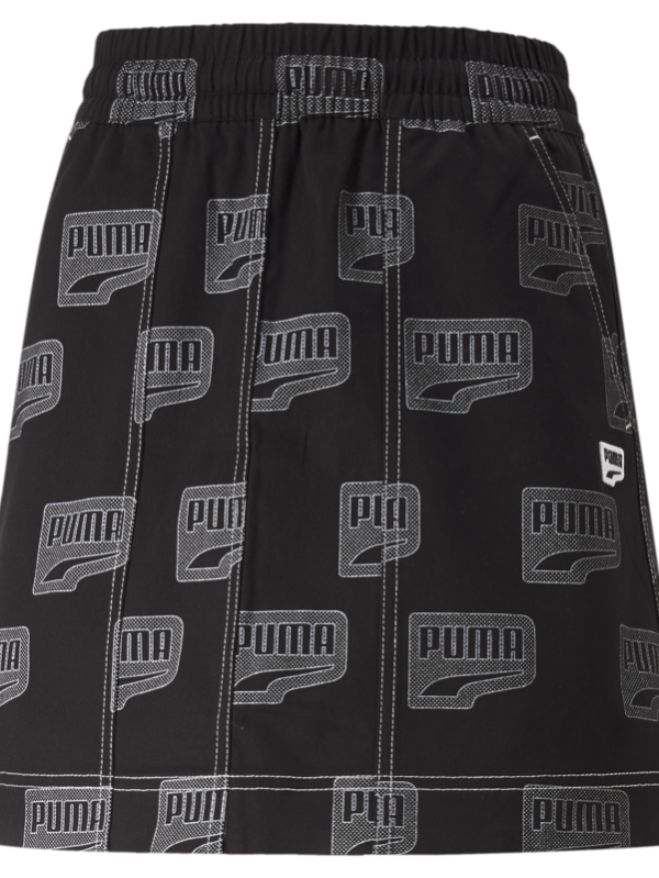 A black Puma Downtown AOP Mini Skirt with an all-over white Puma logo print.