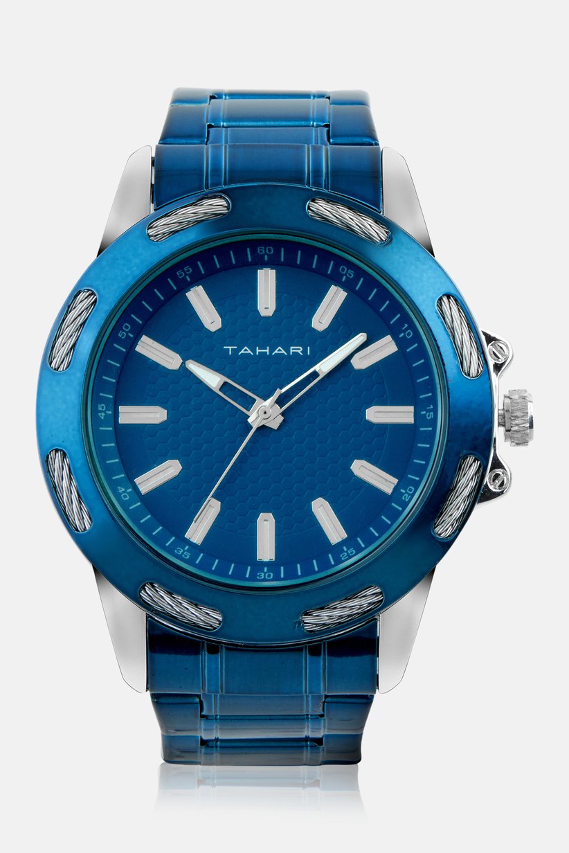 Tahari Men's Blue Honeycomb Dial Watch with Industrial Bezel-TAH60047BU