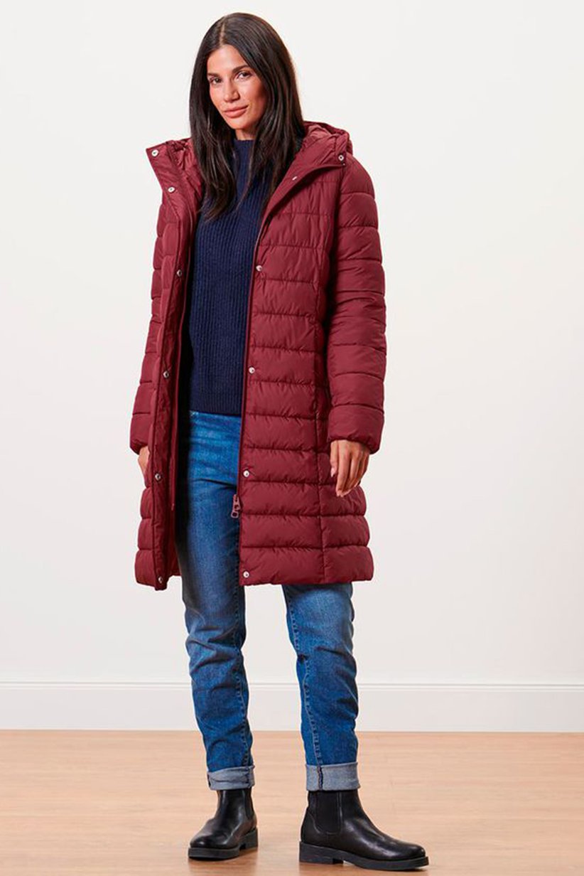 Tchibo Women's Long Quilted Puffer Coat with Hood – Burgundy Red-Tchibo 184899