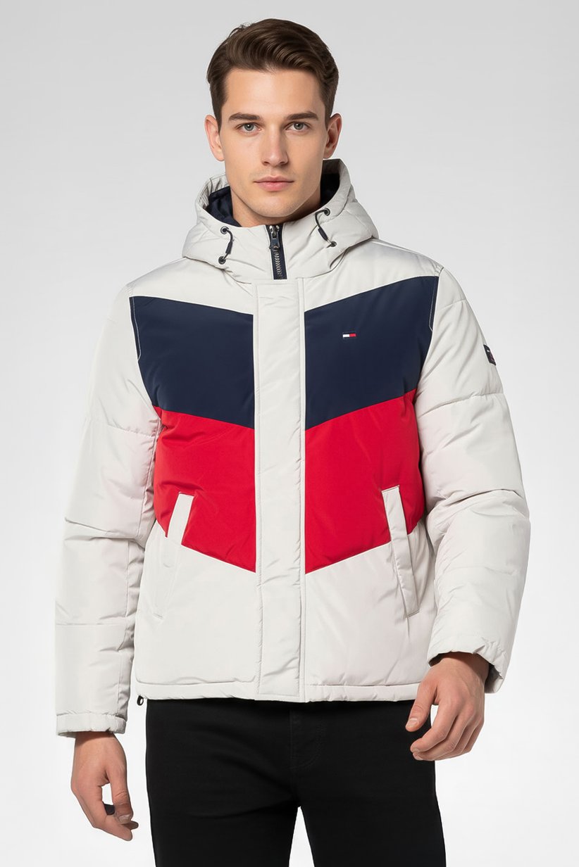 Tommy Hilfiger Men's Hooded Colorblock Puffer Jacket – White, Navy, and Red-Tommy Hilfiger 151AN611