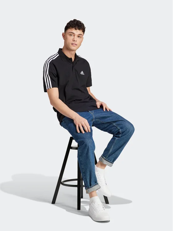 Adidas Men's Essentials Piqué Embroidered Small Logo 3-Stripes Polo Shirt – Black-Adidas IC9310 - Image 8