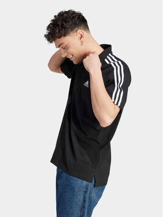 Adidas Men's Essentials Piqué Embroidered Small Logo 3-Stripes Polo Shirt – Black-Adidas IC9310 - Image 3