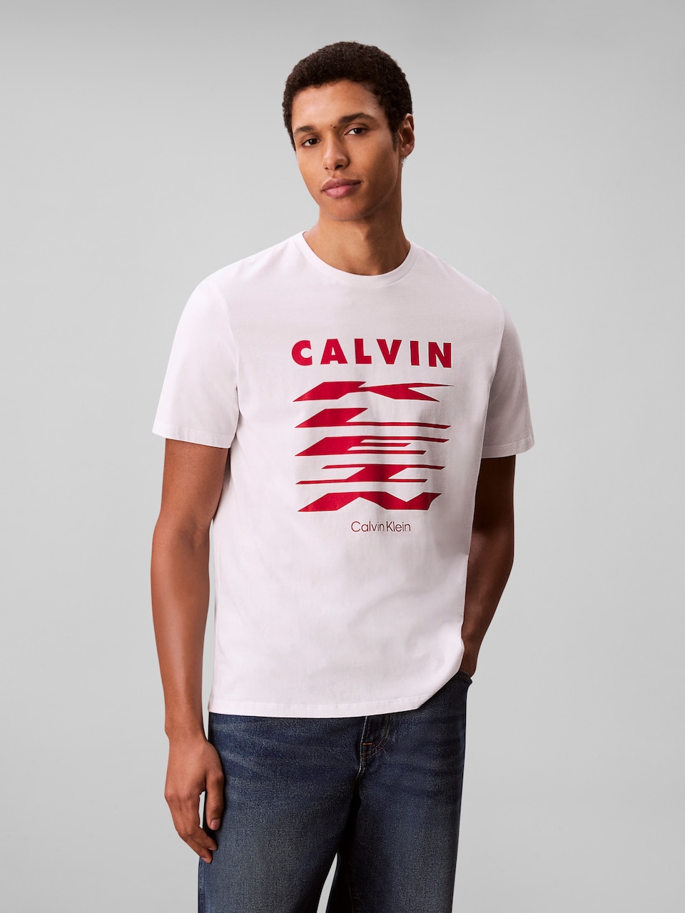 Calvin Klein Men's White Graphic Logo Crewneck T-Shirt – Red Kinetic Print-CK 4RD815G 110