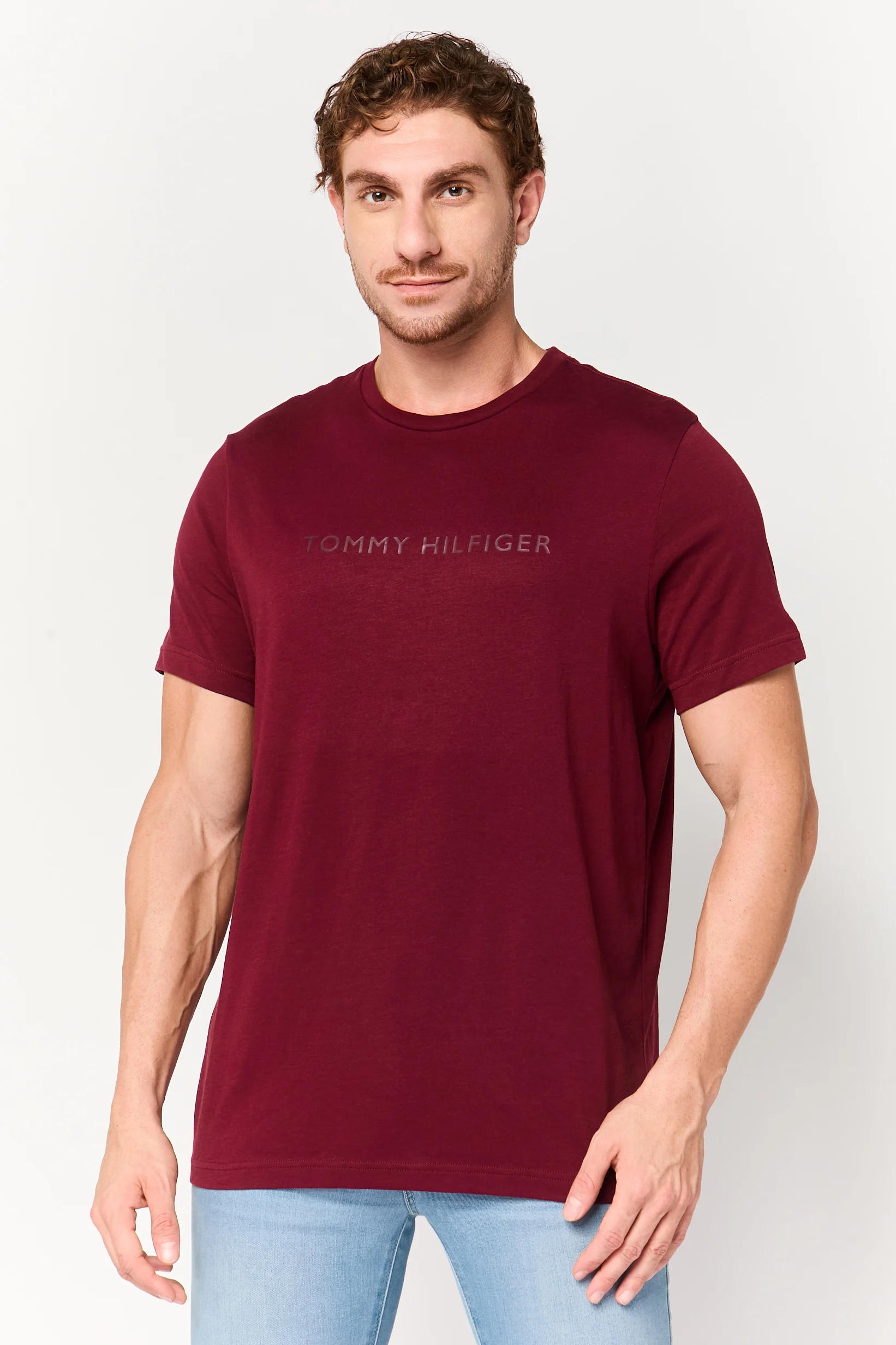 Men Crew Neck Short Sleeve Brand Logo T-Shirt, Dark Maroon - TOMMY HILFIGER 09T4536