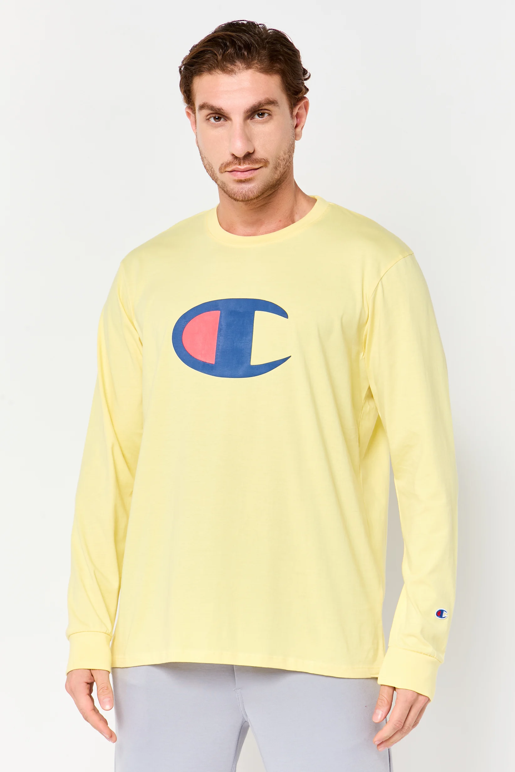 Men Sportswear Fit Long Sleeve Outdoor T-Shirt, Pale Yellow - Champion CHP0049