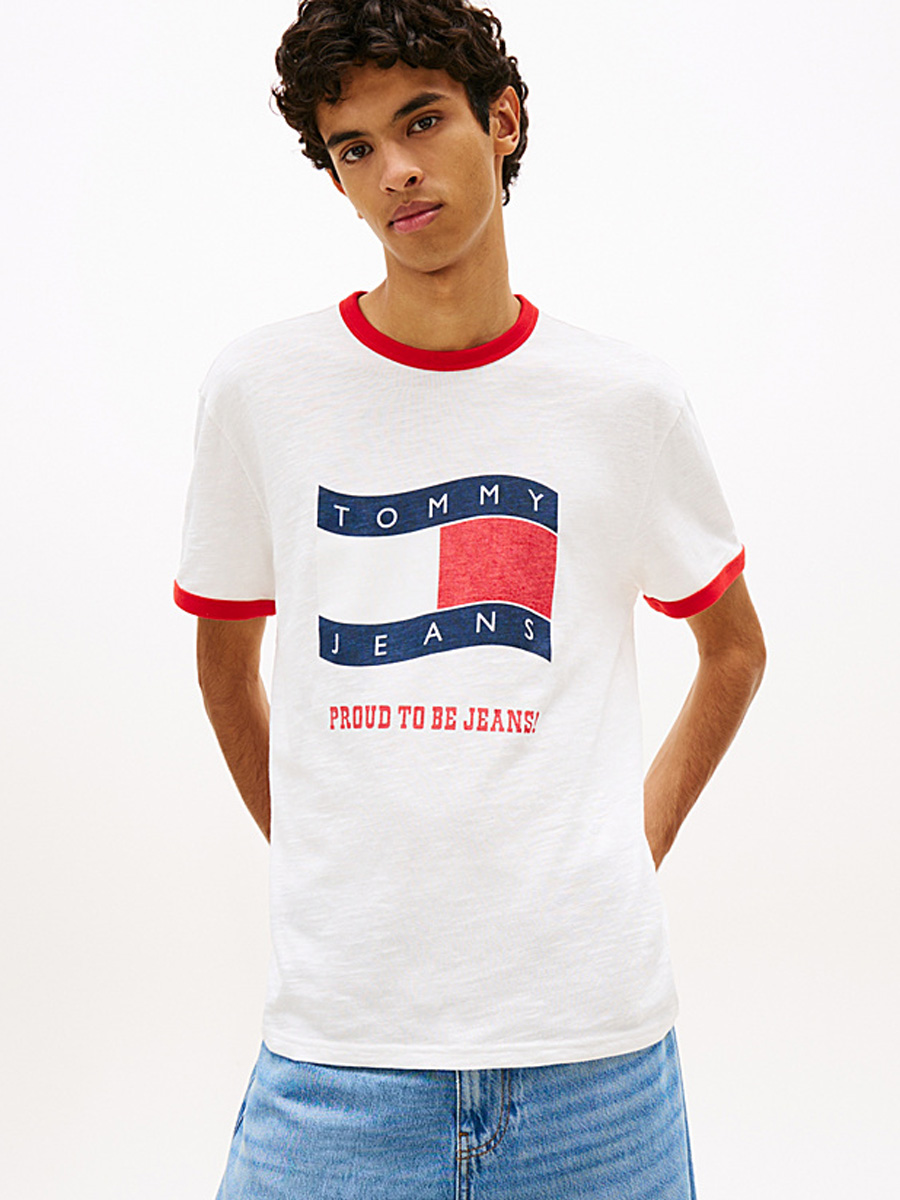 Tommy Jeans Wavy Flag Textured Jersey T-Shirt Cream - Tommy Hilfiger DM0DM22537